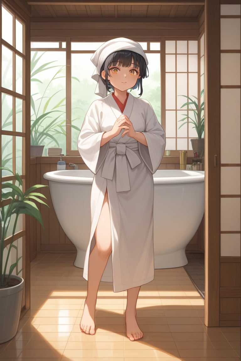 score_9, score_8_up, score_7_up, a 70s style, girl, black hair, with a towel wrapped head, wearing robe, traditional Japanese-style bathroom, lighting is soft and golden, warm hues, golden hours, gentle glow through a shoji screen, wooden elements and minimalist design, bathroom are emphasized, details like bamboo racks, simple tiled floors, small indoor plants enhancing the serene, intimate atmosphere, posture pose is relaxed, entire scene warm, earthy tones