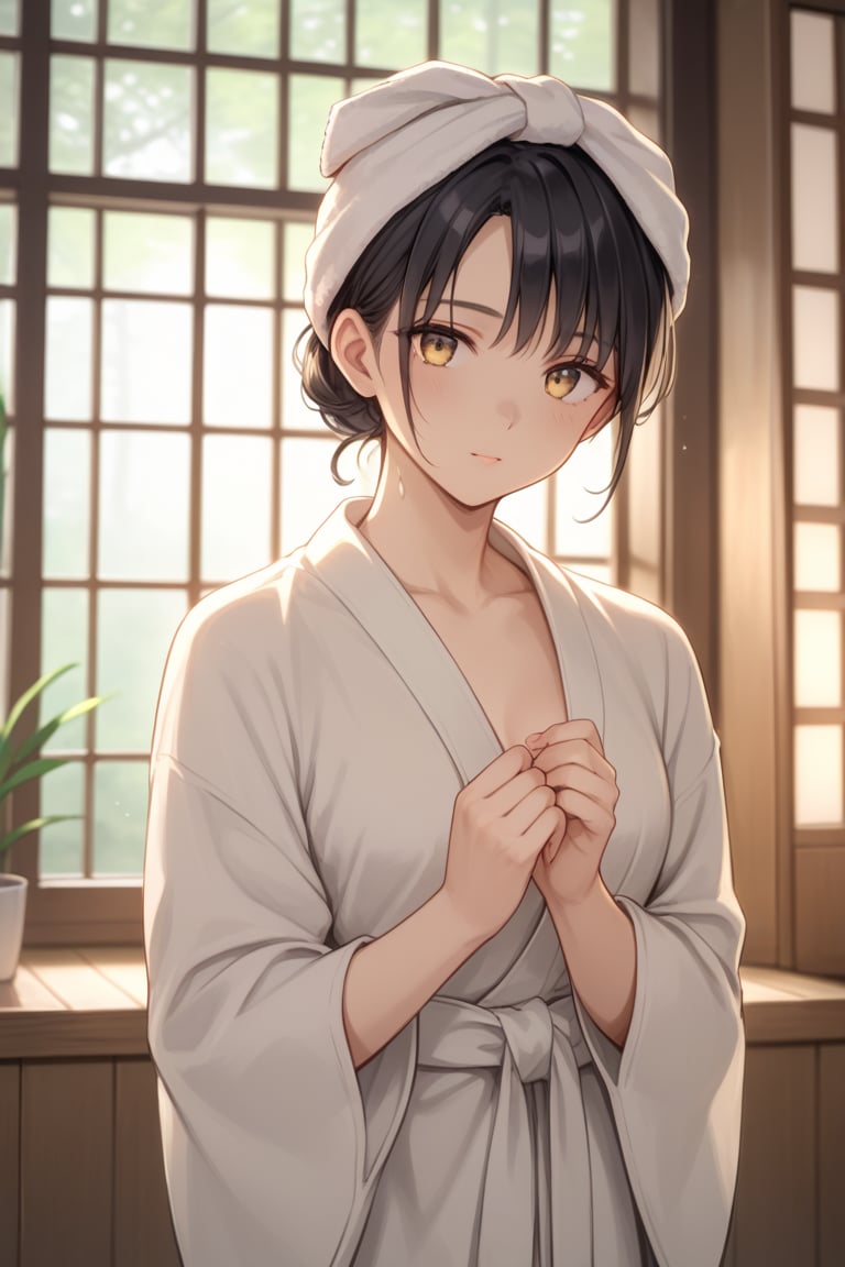 score_9, score_8_up, score_7_up, dramatic, cinematic, raw, photo, focus macro shot, bokeh effect, bashful blash, depth of field, girl, black hair, a towel in head, wearing robe, traditional Japanese-style bathroom, lighting is soft and golden, warm hues, golden hours, gentle glow through a shoji screen, wooden elements and minimalist design, bathroom are emphasized, details like bamboo racks, simple tiled floors, small indoor plants enhancing the serene, intimate atmosphere, posture pose is relaxed, entire scene warm, earthy tones, SFW