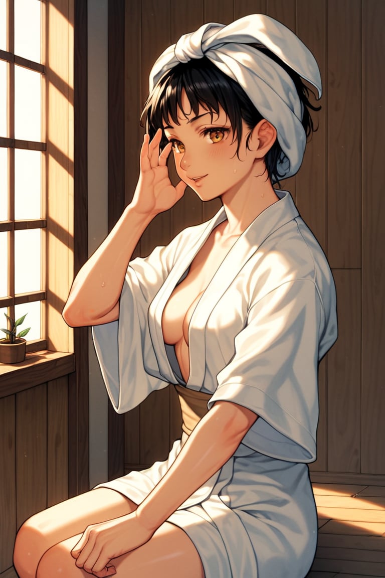 score_9, score_8_up, score_7_up, a 70s style, girl, black hair, with a towel wrapped head, wearing robe, traditional Japanese-style bathroom, lighting is soft and golden, warm hues, golden hours, gentle glow through a shoji screen, wooden elements and minimalist design, bathroom are emphasized, details like bamboo racks, simple tiled floors, small indoor plants enhancing the serene, intimate atmosphere, posture pose is relaxed, entire scene warm, earthy tones