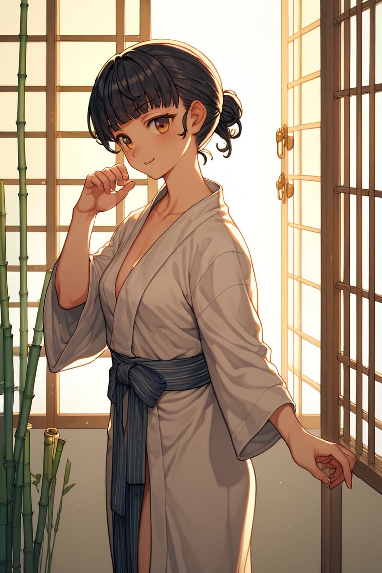 score_9, score_8_up, score_7_up, a 70s style, girl, black hair, with a towel wrapped head, wearing robe, traditional Japanese-style bathroom, lighting is soft and golden, warm hues, golden hours, gentle glow through a shoji screen, wooden elements and minimalist design, bathroom are emphasized, details like bamboo racks, simple tiled floors, small indoor plants enhancing the serene, intimate atmosphere, posture pose is relaxed, entire scene warm, earthy tones