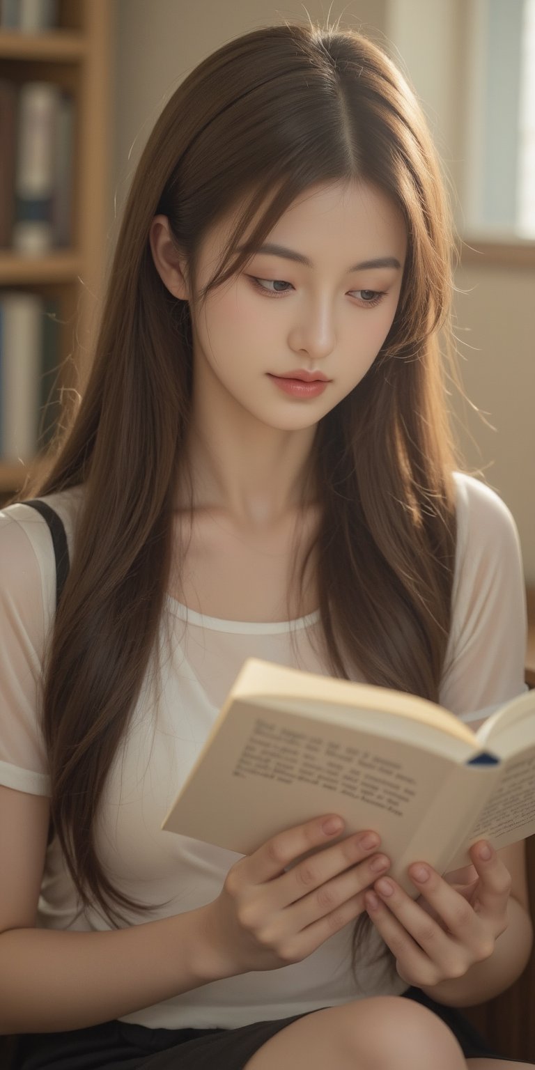 Cute Thai schoolgirl sits amidst warm, inviting library ambiance, her long hair styled elegantly in a neat school uniform. Soft natural light pours through windows, illuminating her focused expression as she reads intently from an open book. Shelves of books tower behind her, providing a cozy atmosphere. Framed by soft focus and natural highlights, her features stand out against the warm-toned background. In 8K resolution, every detail shines, from the delicate folds in her uniform to the gentle curves of her smiling face.