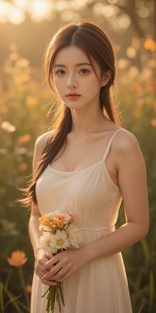 Prompt:
A beautiful young woman stands gracefully in a lush spring garden, bathed in warm orange and yellow hues. She holds a bouquet of wilting flowers in her delicate hands. Her eyes reflect a deep sadness, adding an emotional depth to the scene. The overall ambiance is one of serene melancholy, captured with hyper-detailed realism.

Details:

Pose and Expression: The model stands slightly turned towards the camera with a gentle, melancholic expression. Her head is slightly tilted downwards, and her eyes convey a sense of sorrow.
Clothing: She wears a flowing dress that complements the garden's warm tones, perhaps in shades of pastel or earth tones to blend seamlessly with the background.
Background: The garden is vibrant with spring foliage but subtly highlights the contrast between new life and the wilting flowers she holds.
Lighting: Soft, natural lighting emphasizes the warm color palette while casting gentle shadows that add depth to her features and surroundings.
Skin Texture: Realistic skin textures are meticulously rendered to highlight her delicate complexion.
Resolution and Quality: This image is rendered in ultra-high resolution (8k) with meticulous attention to detail. Including HDR for vivid colors and dynamic range.
Artistic Style:

The composition should evoke a cinematic feel, reminiscent of classic romantic paintings but enhanced with modern hyper-detailing techniques.
Focus on creating an epic masterpiece that combines elements of traditional artistry with contemporary digital aesthetics.
Special Effects:

Subtle enhancements such as soft lens flare or bokeh effects can be added to enrich the visual appeal without overwhelming the primary subject.