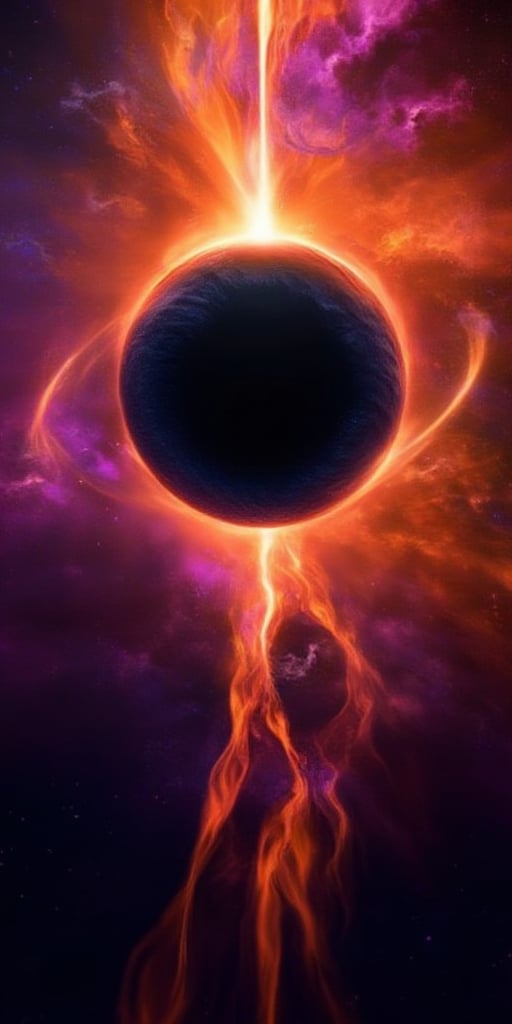 "An awe-inspiring scene of a black hole pulling in a ringed moon, set against a vibrant background with striking orange and purple tones. The black hole should be hyperdetailed, showing the event horizon with realistic gravitational lensing effects. The ringed moon is depicted with its rings being distorted as they get closer to the black hole. Use high-resolution textures for both the black hole and the moon. The overall scene should be dynamic and dramatic, capturing the immense power and scale of this cosmic event. The color palette should emphasize vivid oranges and purples to create a visually stunning contrast."

Details to include:

Black Hole:

Hyperdetailed event horizon.
Gravitational lensing effects.
Dynamic lighting reflecting its immense gravity.
Ringed Moon:

Realistic textures for the moon surface.
Distorted rings being pulled towards the black hole.
Background & Lighting:

Vibrant orange and purple tones.
High contrast lighting to emphasize the drama of the scene.
Resolution & Quality:

Ultra high resolution (8K).
Attention to detail in all elements.
Overall Scene Composition:

Capture the scale and power of the cosmic event.
Ensure dynamic and dramatic visuals.