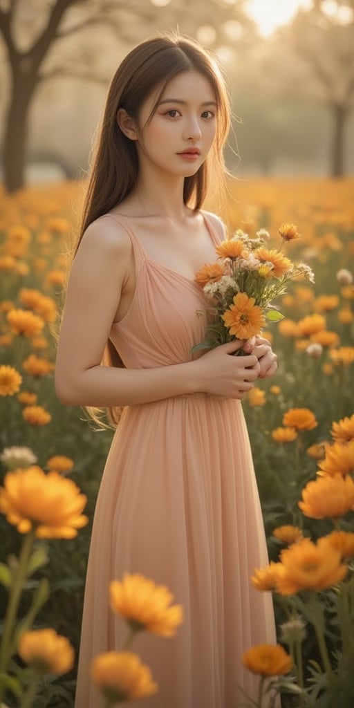 Prompt:
A beautiful young woman stands gracefully in a lush spring garden, bathed in warm orange and yellow hues. She holds a bouquet of wilting flowers in her delicate hands. Her eyes reflect a deep sadness, adding an emotional depth to the scene. The overall ambiance is one of serene melancholy, captured with hyper-detailed realism.

Details:

Pose and Expression: The model stands slightly turned towards the camera with a gentle, melancholic expression. Her head is slightly tilted downwards, and her eyes convey a sense of sorrow.
Clothing: She wears a flowing dress that complements the garden's warm tones, perhaps in shades of pastel or earth tones to blend seamlessly with the background.
Background: The garden is vibrant with spring foliage but subtly highlights the contrast between new life and the wilting flowers she holds.
Lighting: Soft, natural lighting emphasizes the warm color palette while casting gentle shadows that add depth to her features and surroundings.
Skin Texture: Realistic skin textures are meticulously rendered to highlight her delicate complexion.
Resolution and Quality: This image is rendered in ultra-high resolution (8k) with meticulous attention to detail. Including HDR for vivid colors and dynamic range.
Artistic Style:

The composition should evoke a cinematic feel, reminiscent of classic romantic paintings but enhanced with modern hyper-detailing techniques.
Focus on creating an epic masterpiece that combines elements of traditional artistry with contemporary digital aesthetics.
Special Effects:

Subtle enhancements such as soft lens flare or bokeh effects can be added to enrich the visual appeal without overwhelming the primary subject.