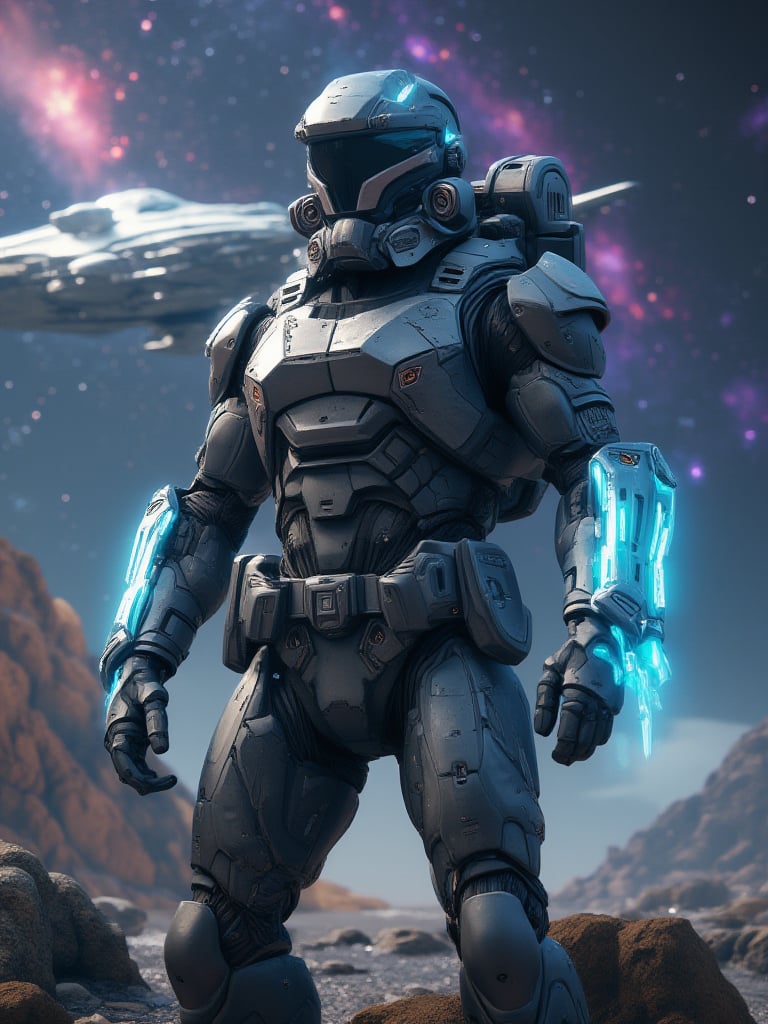 A futuristic cybernetic space soldier in a sleek metallic exosuit, equipped with glowing blue energy weapons, standing tall against a backdrop of a distant cosmic nebula and a hovering spaceship. The soldier's visor reflects the vibrant colors of the galaxy, emphasizing their advanced technology and readiness for interstellar combat. The scene is bathed in a dramatic lighting setting, enhancing the soldier's imposing and formidable presence in this sci-fi universe