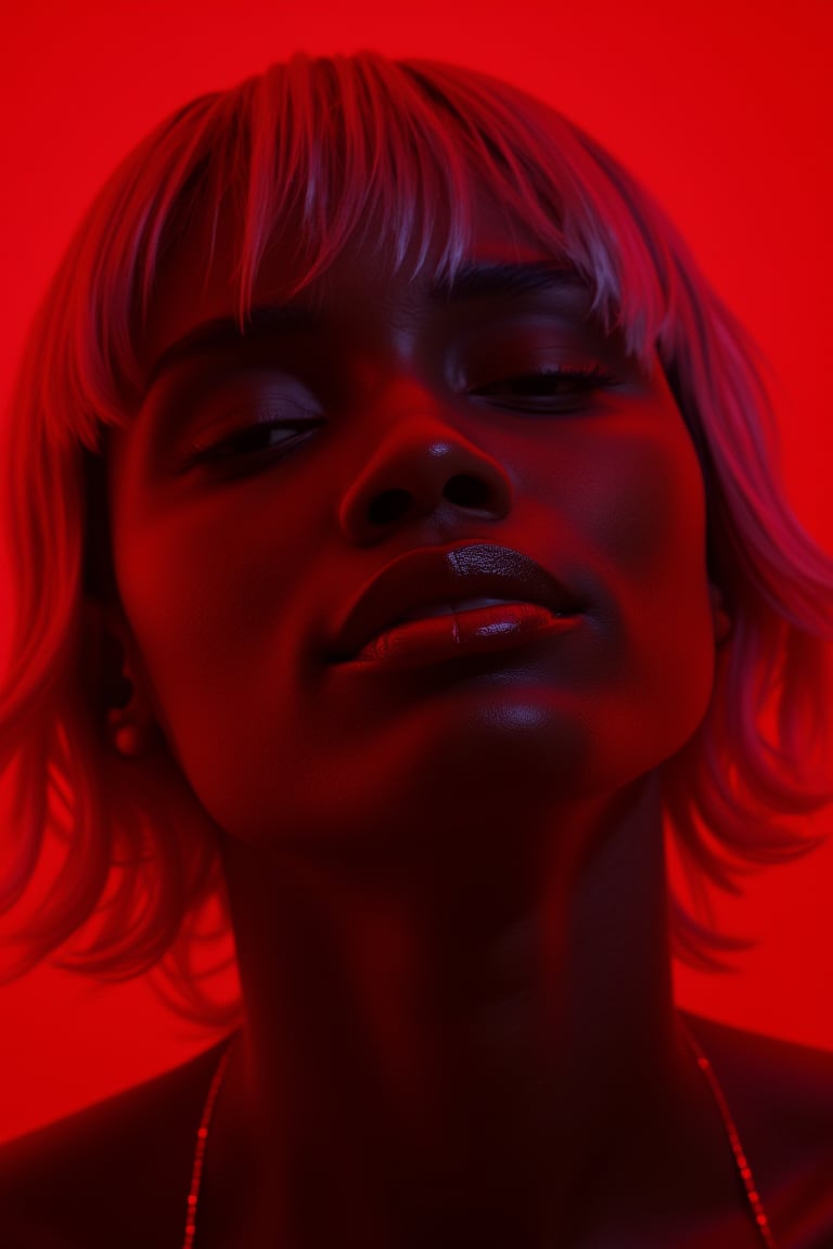 black girl on a red background, red light reflection on her face, White hair