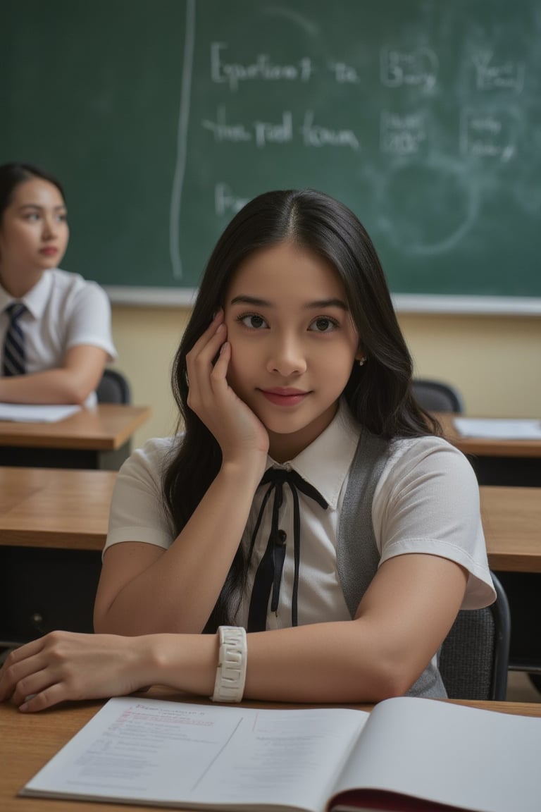 beautiful 18-year-old student girl with alluring eyes on classroom, cute pose, super model, cinematic shot in the style of denis villeneuve, (looking at viewer), masterpiece, 