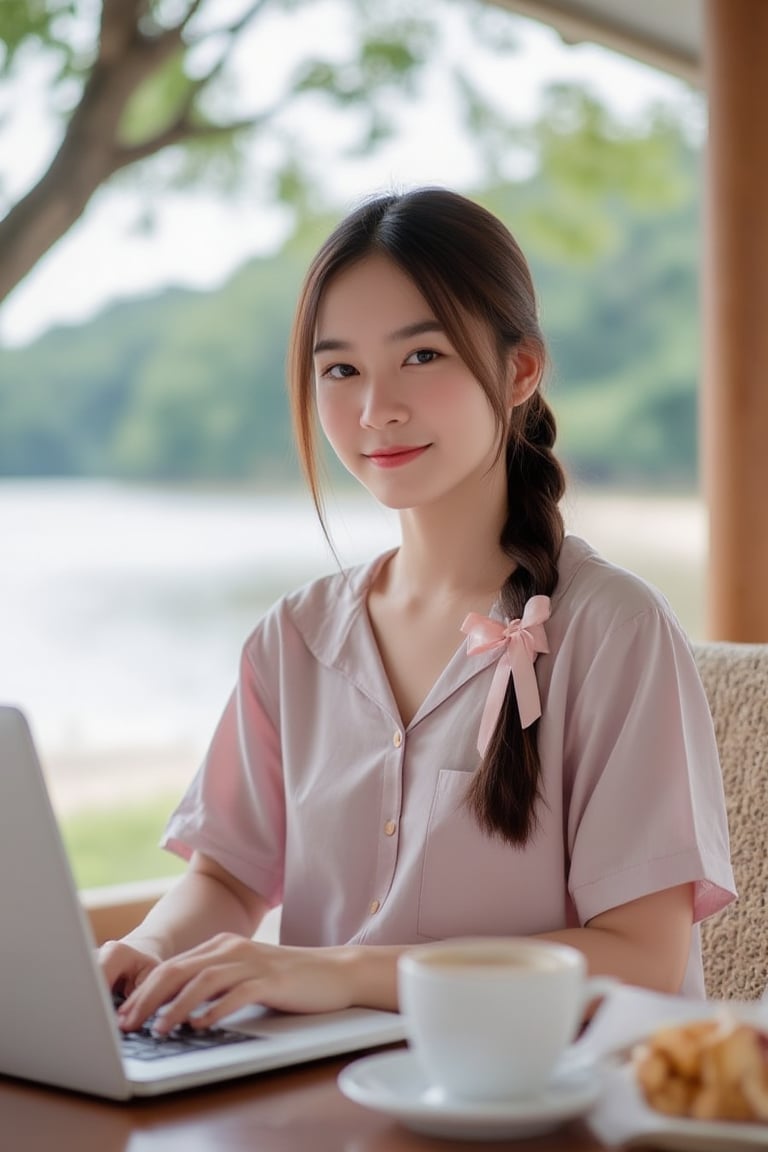 A picture of a young Thai woman wearing comfortable clothes, relaxing and working. It is located next to a beautiful beach. A laptop, cup of coffee, and snacks are on the table. Live life comfortably without any worries. Wherever you are, you can sit and work.