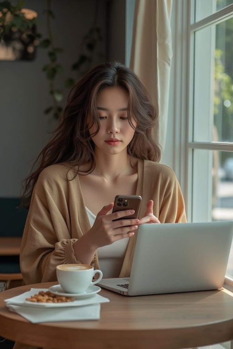 Photo of a young Thai woman in casual clothes, relaxing and working in a chic, cozy coffee shop, holding a mobile phone, with a laptop, a cup of coffee and snacks on the table, living a comfortable life without worries, no matter where you are, you can sit and work.