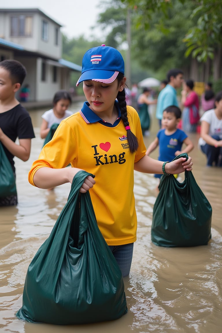 A young Thai woman wearing a blue cap with a Thai flag stripe and a yellow collared shirt with "I love king" printed on it waded into the water and handed dark green cloth bags filled with items to elderly women and children. In the middle of a village filled with water, there are boat sirens, flooding, high water, realistic images, and shadows. HD clarity