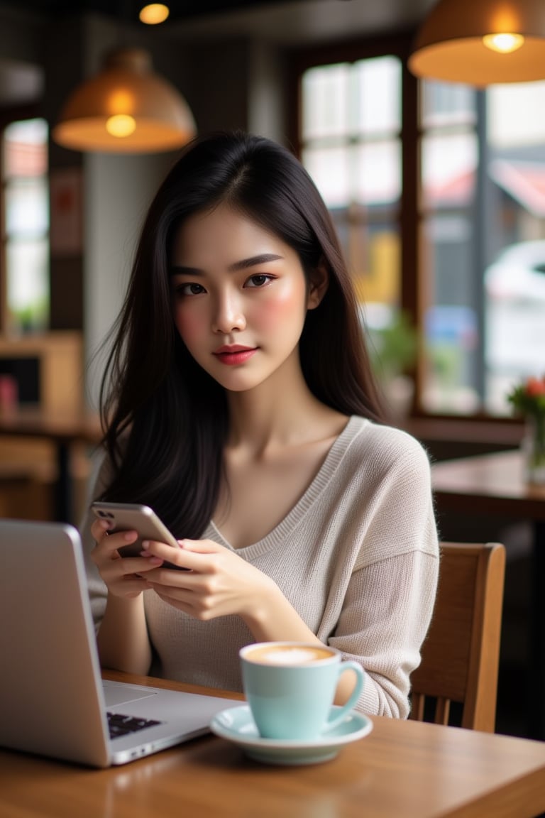 Photo of a young Thai woman in casual clothes, relaxing and working in a chic, cozy coffee shop, holding a mobile phone, with a laptop, a cup of coffee and snacks on the table, living a comfortable life without worries, no matter where you are, you can sit and work.