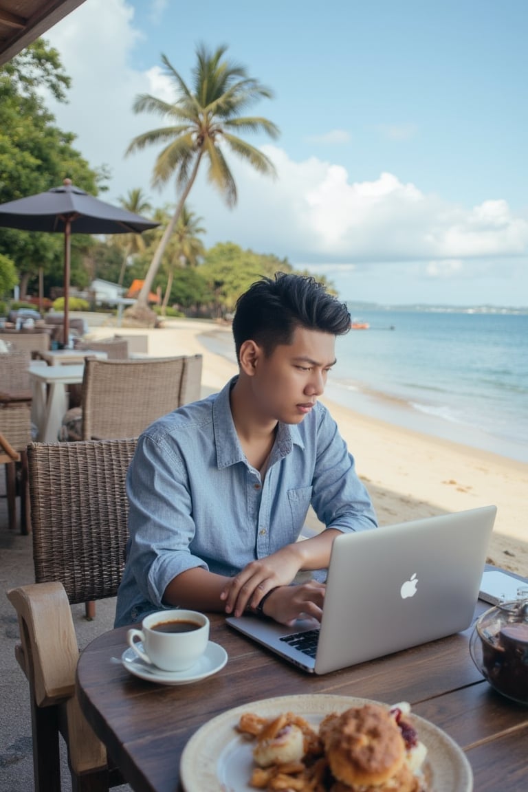 A picture of a young Thai man wearing comfortable clothes, relaxing and working. It is located next to a beautiful beach. A laptop, cup of coffee, and snacks are on the table. Live life comfortably without any worries. Wherever you are, you can sit and work.