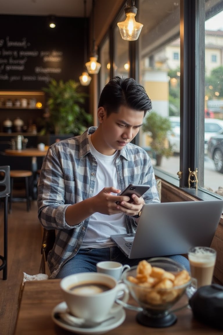 Photo of a young Thai man in casual clothes, relaxing and working in a chic, cozy coffee shop, holding a mobile phone, with a laptop, a cup of coffee and snacks on the table, living a comfortable life without worries, no matter where you are, you can sit and work.