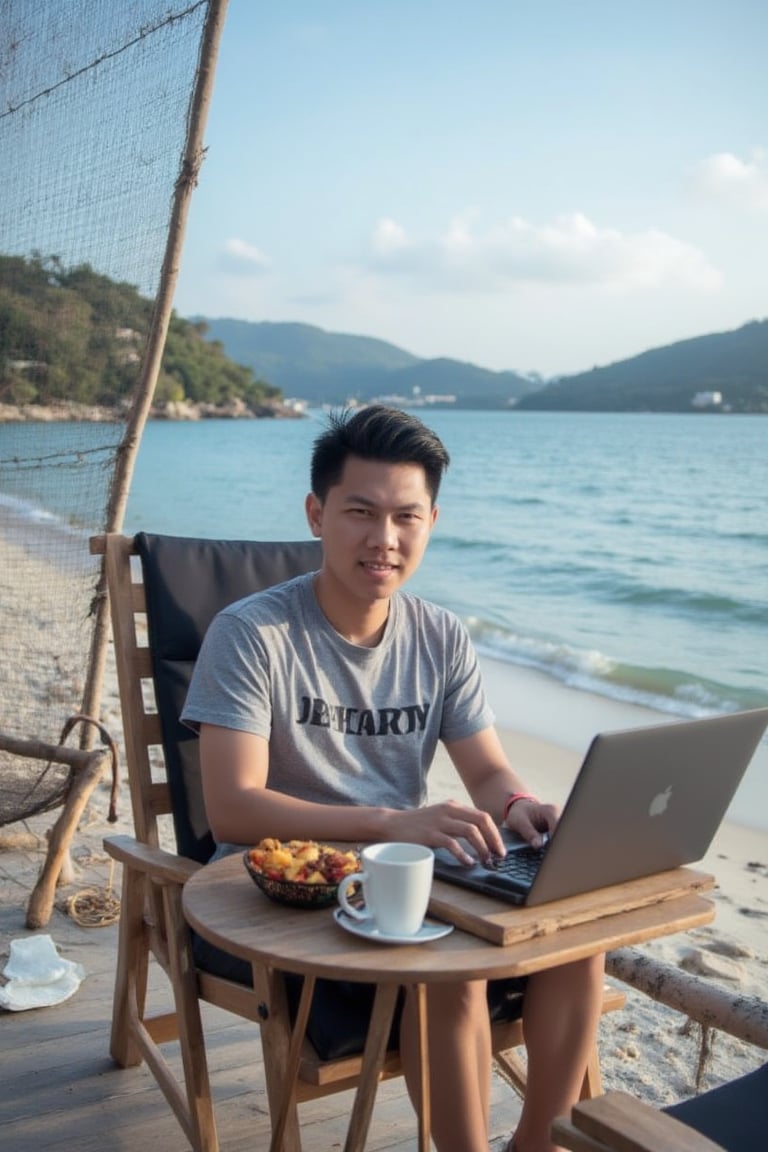 A picture of a young Thai man wearing comfortable clothes, relaxing and working. It is located next to a beautiful beach. A laptop, cup of coffee, and snacks are on the table. Live life comfortably without any worries. Wherever you are, you can sit and work.