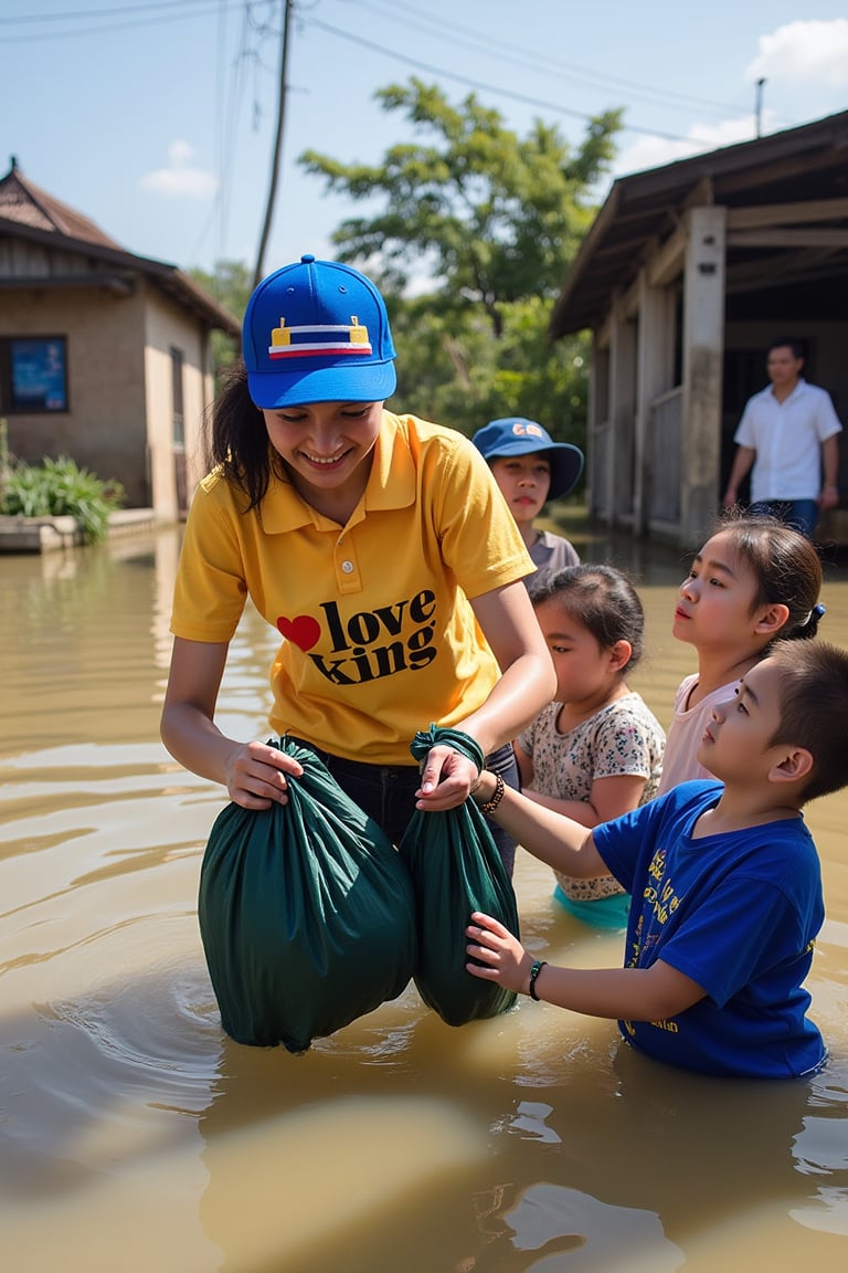 A young Thai woman wearing a blue cap with a Thai flag stripe and a yellow collared shirt with "I love king" printed on it waded into the water and handed dark green cloth bags filled with items to elderly women and children. In the middle of a village filled with water, there are boat sirens, flooding, high water, realistic images, and shadows. HD clarity