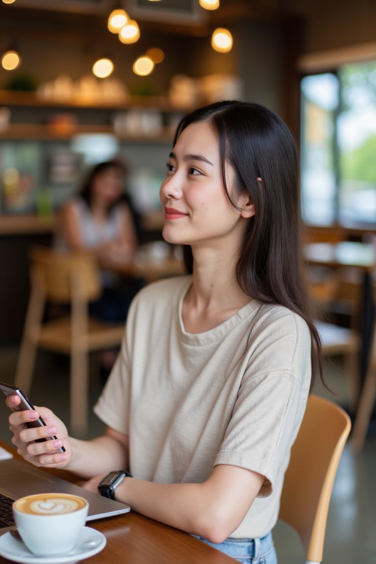 Photo of a young Thai woman in casual clothes, relaxing and working in a chic, cozy coffee shop, holding a mobile phone, with a laptop, a cup of coffee and snacks on the table, living a comfortable life without worries, no matter where you are, you can sit and work.