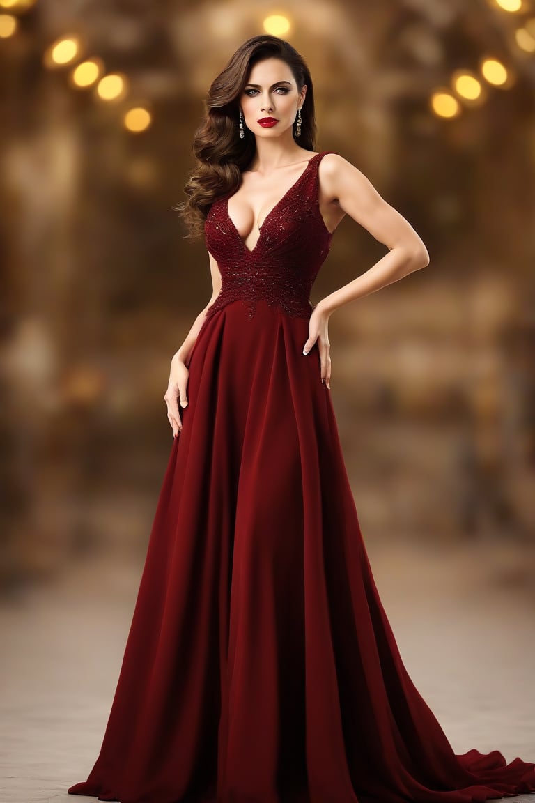 full_body gorgeous 40-year-old woman wearing dark red formal evening dress and high_heel shoes , huge bust, beautiful brown eyes, looking at the camera, pouty lips, beautiful chestnut hair, bokeh background