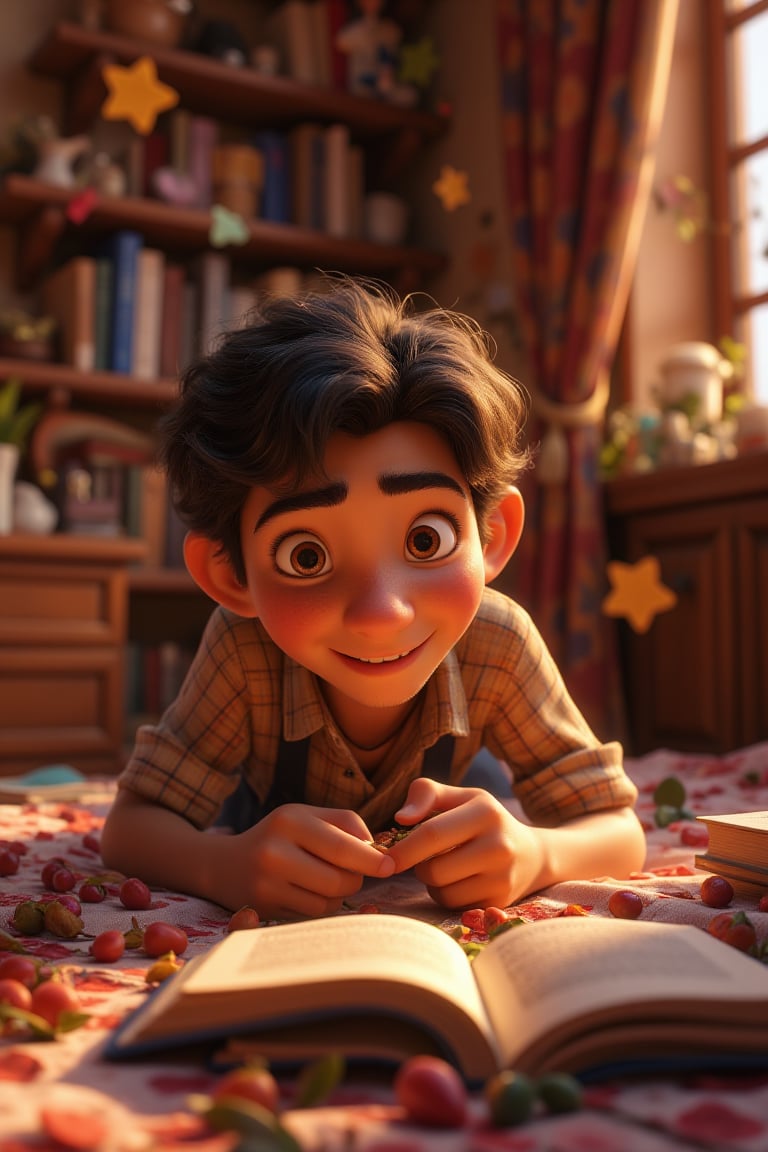 A 9-year-old boy named Buyne with short hair and a cute face, lying on a bed playing games, with books scattered around him. The composition frames him from the waist up, capturing his focused expression and the scattered books. Soft, warm lighting highlights his playful demeanor, with the background showing a cozy bedroom setting.