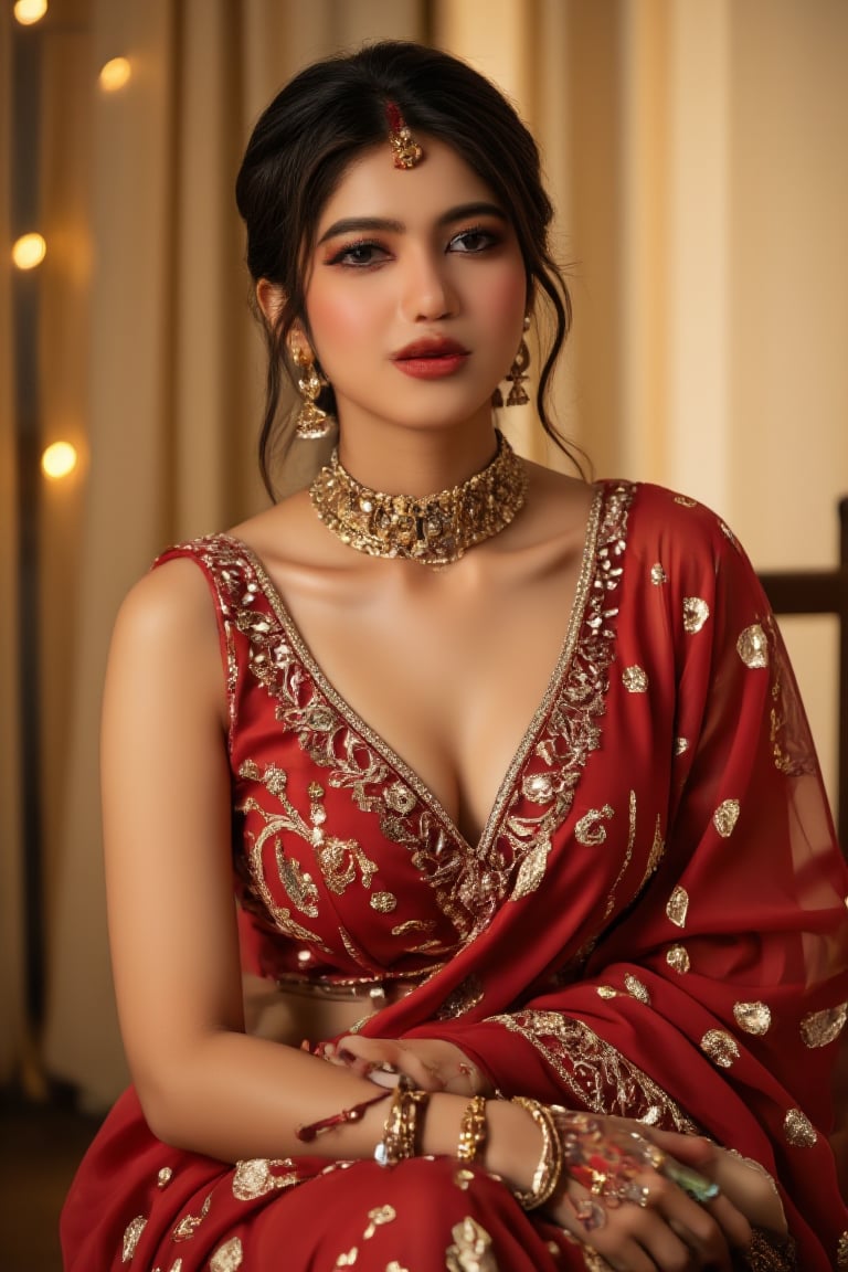 A regal Indian postitute girl sits majestically, adorned in a stunning red transparent sari. The warm golden light illuminates her face, highlighting her porcelain-like complexion and striking features as she showcases her exquisitely crafted attire.