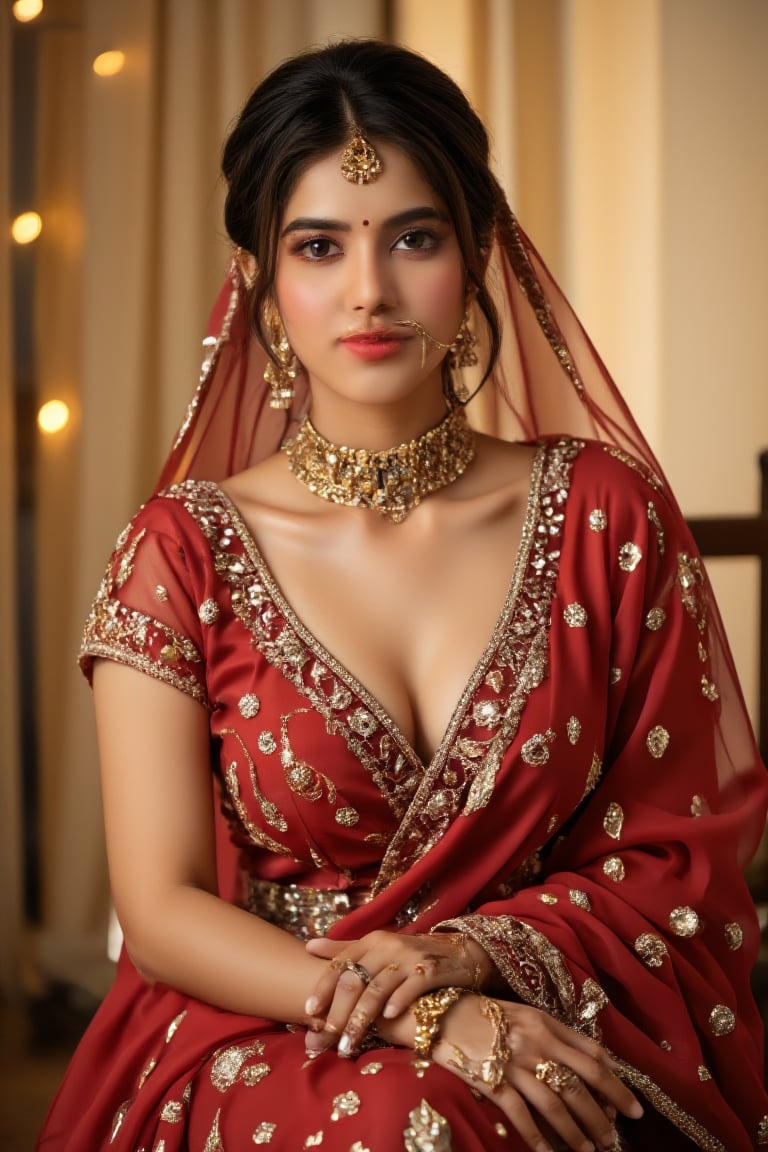 A regal Indian bride sits majestically, adorned in a stunning red transparent sari. The warm golden light illuminates her face, highlighting her porcelain-like complexion and striking features as she showcases her exquisitely crafted attire.