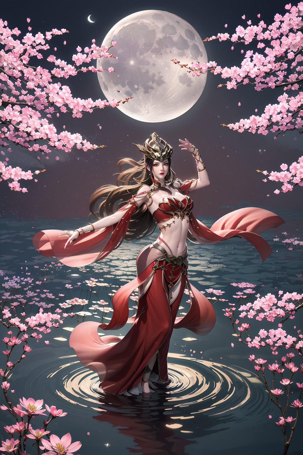 scheme,surrealism,abstract,psychedelic,1girl,solo,very long hair,flower,(moon),((moonlight,water surface,windy,naturel expression,))midriff, navel, hair ornament, red dress, mds-hd,([beautiful background]],),(cherry blossom trees),((model poses,)),(magical red aura)