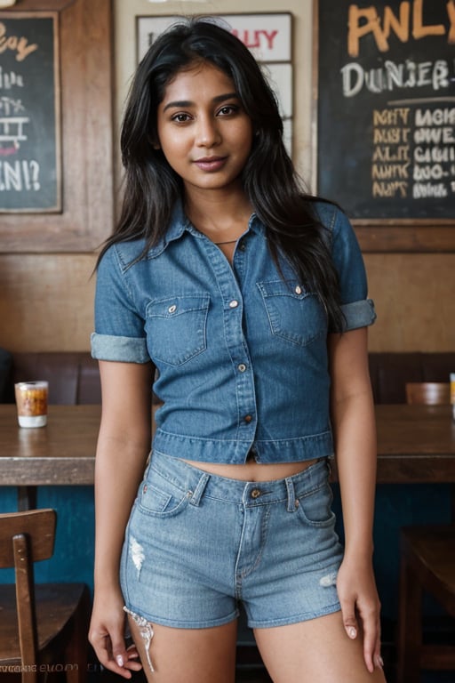 portrait of 35 years old Indian girl with dusky complexion wearing short denim shirt, full ripped denim jeans, attractive look, long blunt hair, standing relaxed in pub, naughty smile