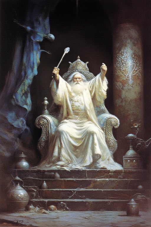 an old wizard with a long white hair and flowy white beard is holding a long crystal staff in his right hand. His left arm is raised in the air holding a flask of pure glowing light. He is dressed in a long white robe with light reflecting, adorned with gold accents. The old wizard is set against a throne made of marble inside a decaying castle, a backdrop of a blue curtain with a silver tree design on it, adding a touch of contrast to the scene.
illustration, vintage, light, textured, whole body

