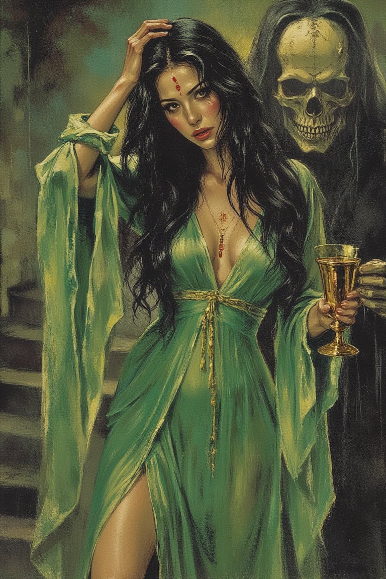 a painting of a woman. she is wearing a long and green dresss, the dress is sheer and it's open on her left side exposing her leg, the dress flows with the wind. she has very long, straight, black hair. in the middle of her forehead is a red pendant. she is holding a gold cup in her hands, she holds her hand on top of her head. Behind the woman is a large creature, the creature look like a skeleton ghost adding a touch of mystery to the scene. 
The background is a mix of green, black, and brown tones. In the background you can see stairs and the room looks like a dungeon filled with fog.
textured, lowres, vintage, grainy, dusty, noisy, horror, dark, scary, beautiful, illustration, backlight, light particles, texture,film grain,blurry,d4rkc0mic 