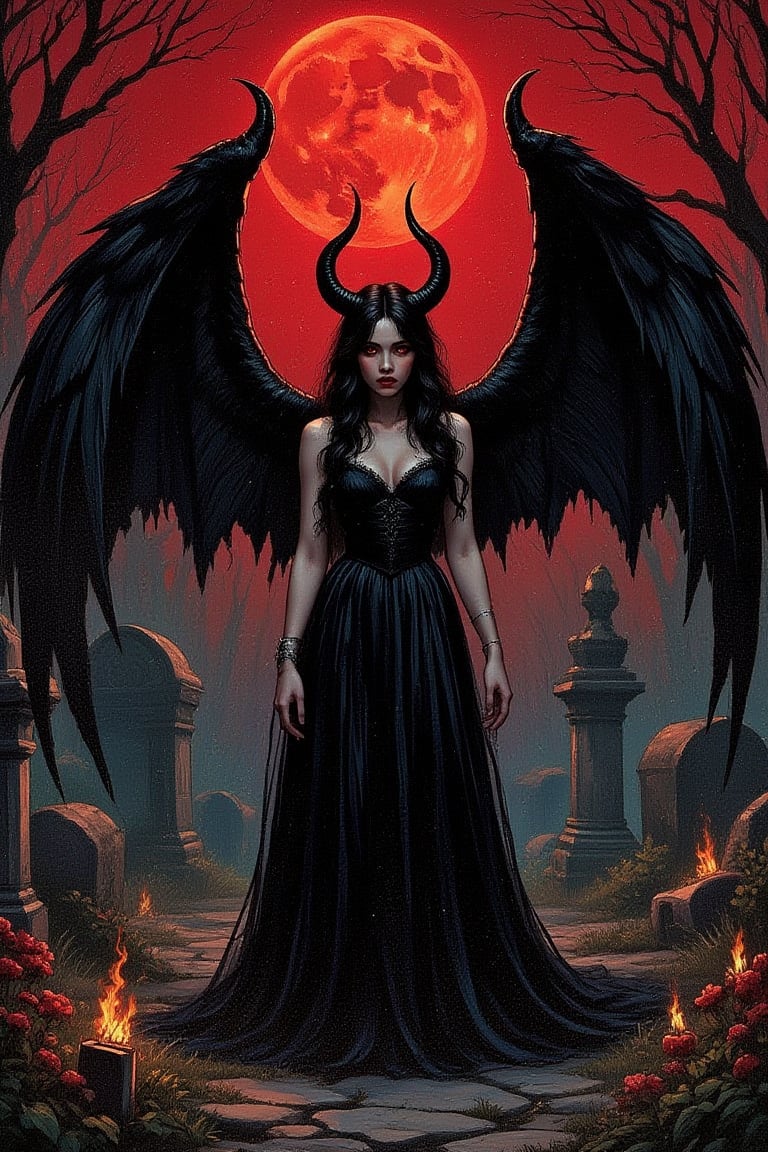 the angel of death. she resides in a dark cemetery. a female beautiful demon, with long open black wings, she has black curved horns. she is wearing a black skirt, she is topples, her eyes are red like fire. the background is a dark old cemetery filled with fog, stones, tombstones, dead flowers, fire burning. it is a dark night, the little stars shine and the moon is full. the background has a red backligh.
illustrated, dark, vintage, light particles, texture, grainy, lowres, blurry, 80s, comic, pixelated, beautiful, ethereal, dusty, backlight