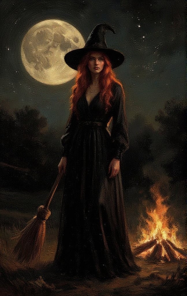 a painting of a witch. she is beautiful. she has long red hair. she is wearing a black pointy witch hat. she is wearing a long, black, flowy, long dress. she is holding a old witch broom. beside her is a bonfire. the background is dark. she is alone in a dark field. it's a dark night sky with a big glowing ominous moon. the tiny stars glow. it's a foggy night.
dark, illustration, vintage, realistic, texture, witch, black, dimmed light