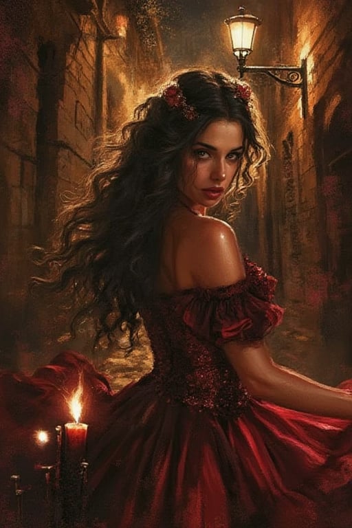 a portrait of a latin beautiful woman. she has long, wavy, lucious black hair. her face is beautiful, strong and alluring. 
she is wearing a black and red dress. the dress is from 1800s and has a dancer style. 
she is in a old street, in a dark alley, with vintage street lamps shining a warm light. the light shines behind her as she dances. in front of her is a set of black candles.
vintage, realistic illustration, beautiful, magical, ethereal, texture 