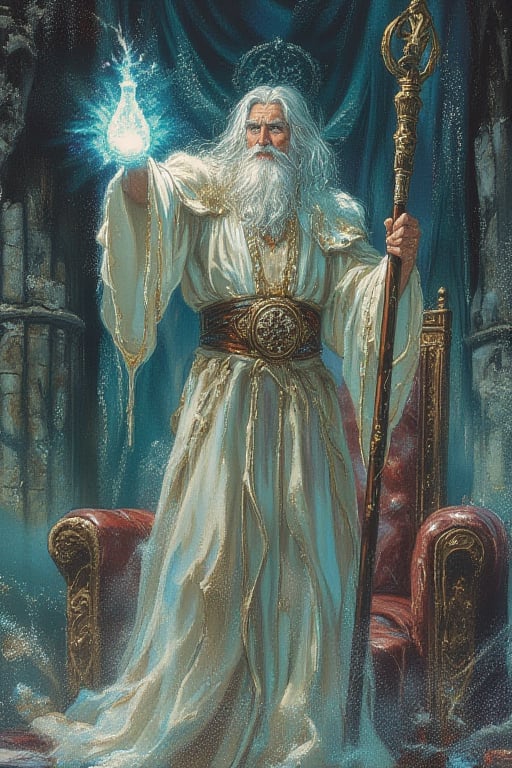 old wizard standing tall, with a long white hair, flowy white beard, holding a long crystal staff in his right hand, his left arm is raised in the air holding a flask of pure glowing light. He is dressed in a long white robe with light reflecting, adorned with gold accents. The old wizard is up against a throne made of marble, inside a decaying castle, a blue curtain with a silver tree design on it is behind him.
illustration, vintage, light, textured, whole body.