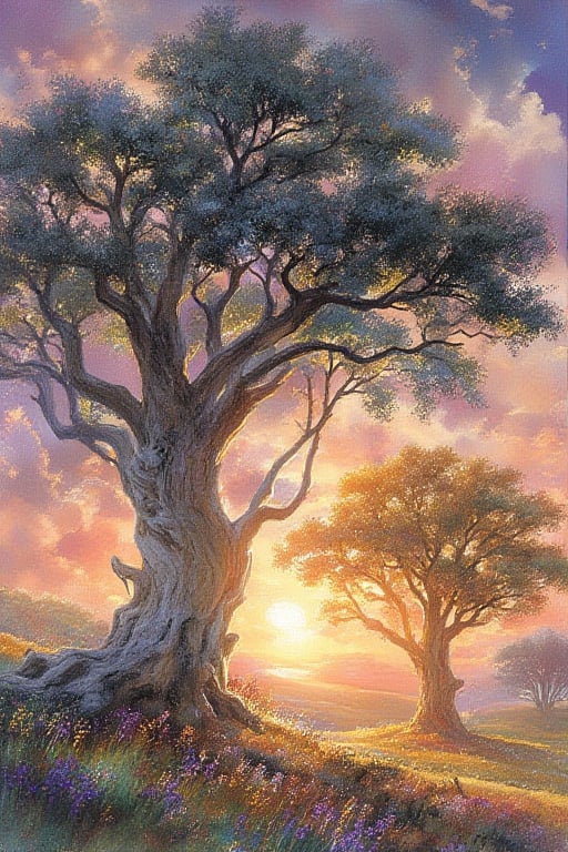 two ancient trees, one is silver and the other one is gold, the trees shine within, the sun is setting behind them, the sky have a purple and orange tint, the clouds are soft and white with a golden glow, the landscape is calm and ethereal, little purple and yellow flowers in the ground, the wind touches everything cally, whimsical paiting, inspired by Valinor from the Silmarillion