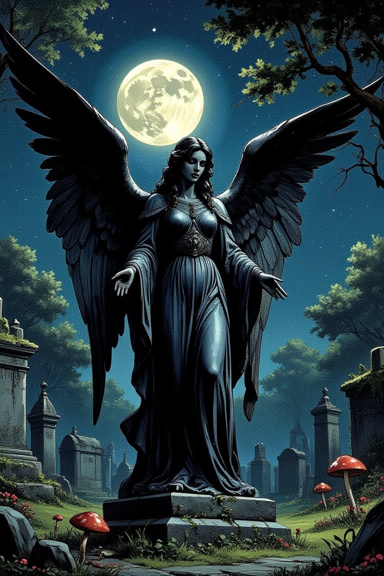 the angel of death statue resides in a dark cemetery.  the statue is made of grey stone. the statue looks like a female beautiful angel, with long open wings made of stone. the background is a dark old cemetery filled with moss, stones, tombstones, little flowers, fall leaves and mushrooms. it is a dark night, the little stars shine and the moon is full.
illustrated, dark, vintage, light particles, texture, grainy, lowres, blurry, 80s, comic, pixelated, beautiful, ethereal, dusty, backlight