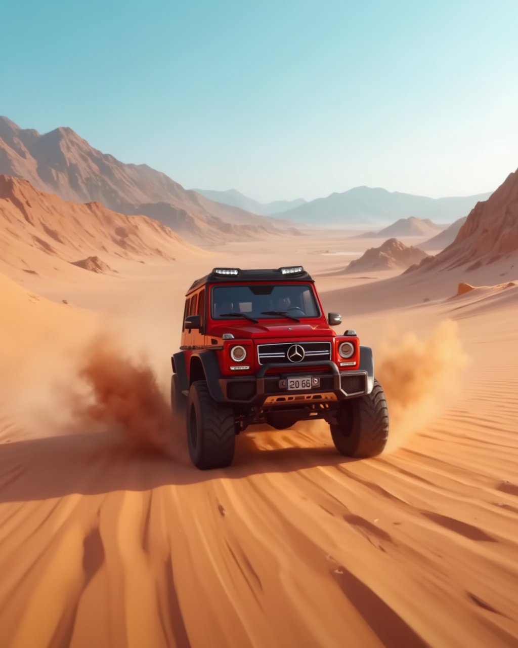 1 car, Mercedes-Benz G63, red, solo, off-road, driving, showing the back of the car, dessert, sand, dunes, mountain, 8K, professional camera, cinematic, depth of field, realistic, ambient light, HDR, Accent Lighting.












