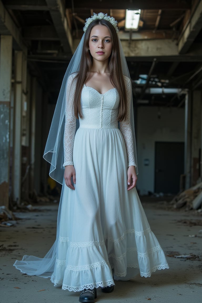 Romantic style portrait of a Victorian ghost bride in an abandoned industrial warehouse. Tattered white wedding dress with long train, torn lace veil, wilted flower crown. Victorian-inspired lace-up boots. Pale blue-tinted skin, dark hollow stormy gray eyes, faded blue lips. Long flowing hair with cobweb accessories. Wandering through ruins with melancholic expression. Extremely glamorous physique, very beautiful curves, ultimate physical beauty. Beautiful facial features ( face ratio), impressive eyes (large and almond-shaped). Tall silhouette (170cm+), striking curved figure (0.7 waist-hip ratio). Healthy, vibrant skin glow. Enigmatic aura, distant gaze, slightly upturned mouth corners. Dramatic lighting, shallow depth of field. Cinematic 8K ultra-high resolution, photorealistic quality.
















