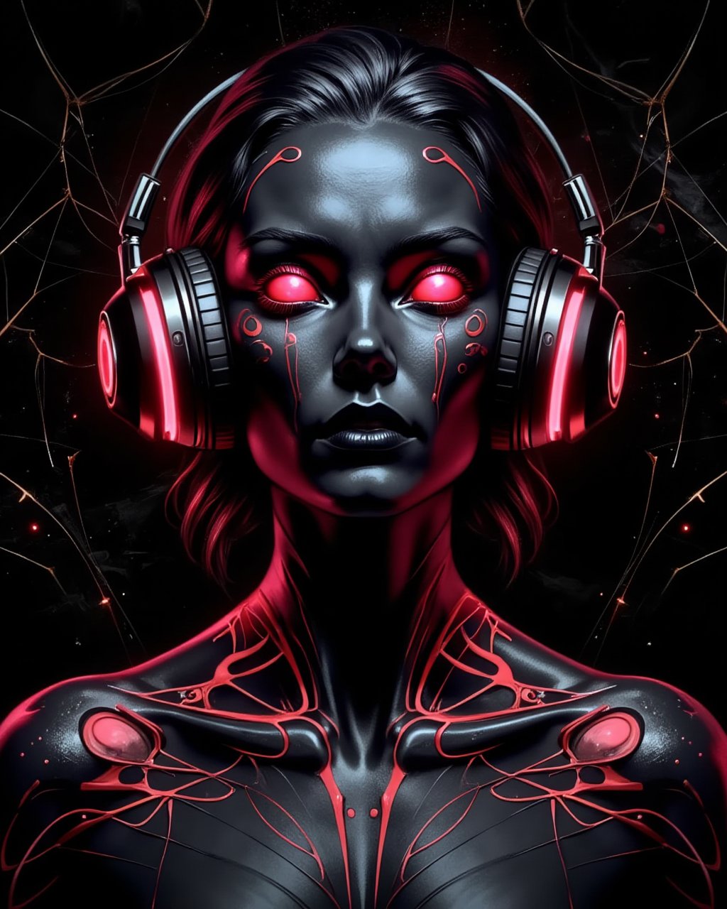 Imagine a hyper-realistic futuristic humanoid figure with a dark marbled skin texture, resembling polished black marble with intricate lime veining. The face is serene and emotionless, featuring closed eyes with stylized, exaggerated eyelashes in vivid coral-pink. Oversized, glossy headphones envelop the figure's head, seamlessly integrated with its avant-garde hair design. The headphones and lips are highlighted in a matching coral-pink shade, enhancing the contrast with the dark skin. Delicate, circuit-like lines in coral-pink run across the neck and shoulders, suggesting a blend of organic and cybernetic elements. The background is an abstract black marbled, harmonizing with the figure's color scheme, evoking a sense of advanced, techno-organic art














