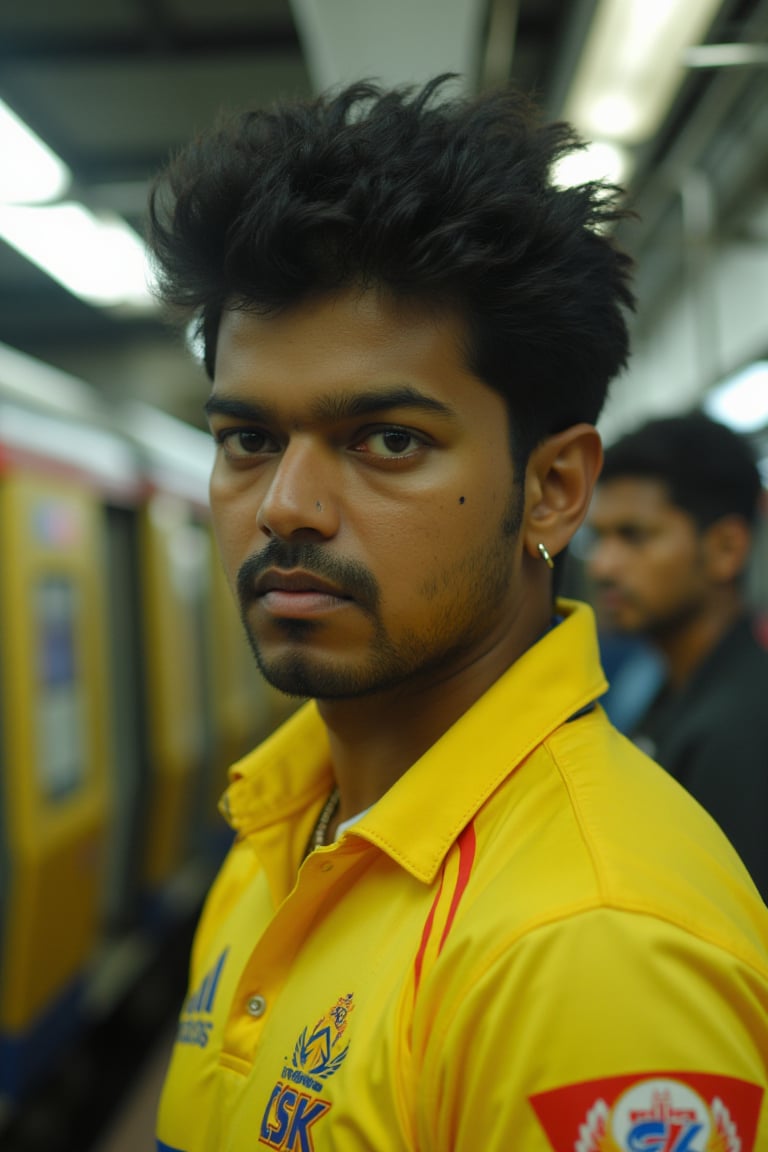 Hyperrealistic, photoreal half-body shot of a young Vijay with slightly longer, spiked, textured, wavy hair. He has a visible healed scar on his cheek near the eye and an anchor-style goatee trimmed to 3mm for a sharp, defined look. Wearing a subtle earring in his left ear and a bright yellow CSK cricket jersey, he stands at a semi-crowded Chennai metro station with a train visible on the left side. Vijay stares menacingly into the camera, capturing a tense and powerful moment. The scene is well-lit, highlighting his facial features and the vibrant jersey.