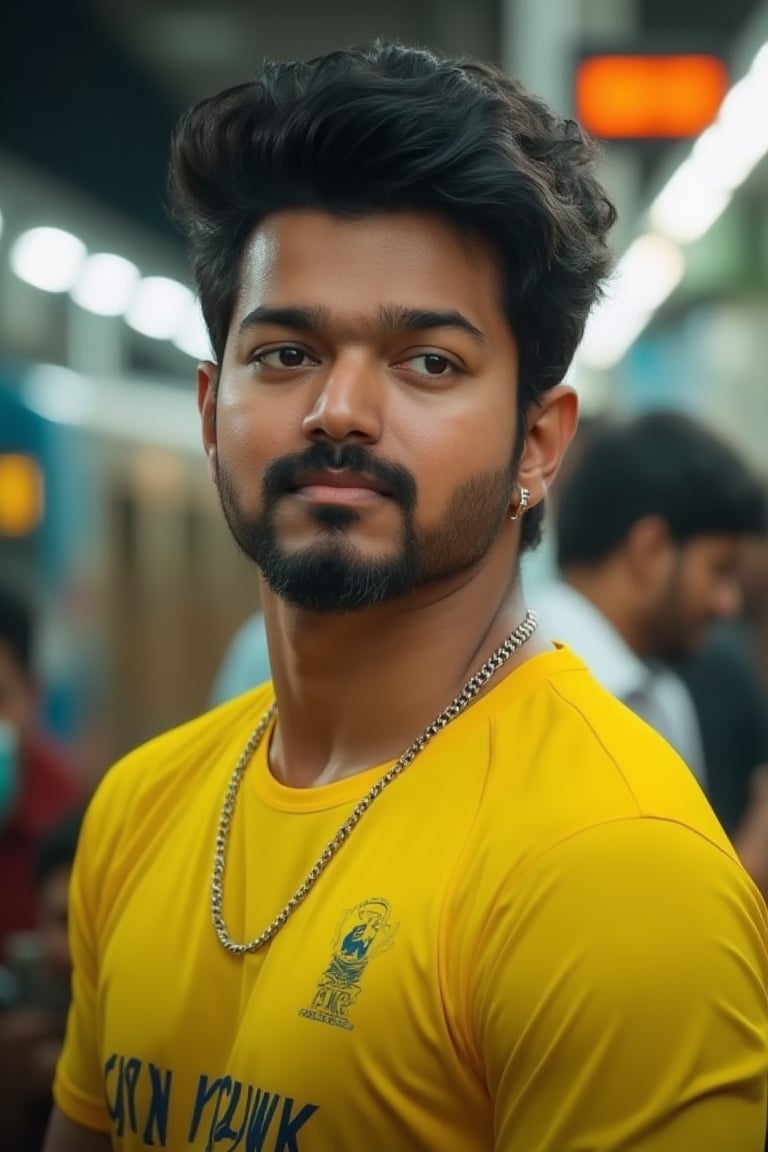 Hyperrealistic, photorealistic full-body shot of young Vijay in a semi-crowded Chennai metro station. He stands confidently with medium-long, spiked, textured, wavy hair styled to one side, reminiscent of anime hair. Clean-shaven sides highlight a visible healed scar near his eye, and a sharp, defined anchor-style goatee, trimmed to 3mm. Subtle earring in his left ear, bright yellow CSK cricket jersey, and a sleek chain around his neck. Train visible on the left side. Vijay sports a very subtle smirk, exuding a tense and powerful presence.