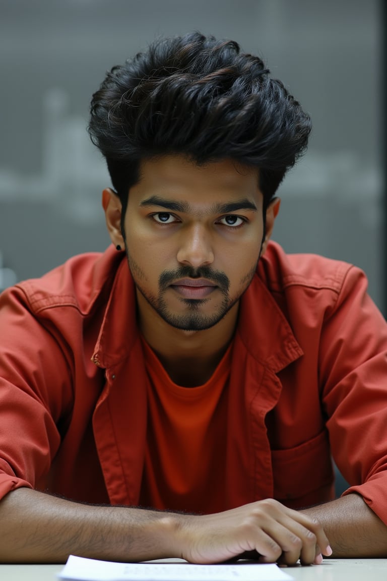 Create a hyperrealistic portrait of young vijay with an oval-shaped face and warm light brown skin tone. His hairstyle is a messy, medium-length very spikey,textured quiff with black, thick hair. The hair on top is styled to spike slightly upward and outward, giving a controlled messy look, while the sides are moderately short and blend into the top without being fully faded. vijay has expressive, dark brown eyes with slightly thick, straight eyebrows that have a gentle arch, giving his gaze a strong yet soft intensity. One eyebrow has a stylish cut. His nose is straight with a rounded tip, fitting proportionally with the rest of his facial features. He wears on his left ear a subtle black earring.
His lips are medium-sized, with the upper lip being slightly thinner than the lower one. He sports a short trimmed, well-maintained stubble anchor goatee, focused around the jawline, chin, and upper lip, forming a neat goatee style. The facial hair is denser around the chin area, emphasizing his rounded yet prominent jawline. The sides of his face are clean shaved with no facial hair. His skin is very clean, no imperfections. He is wearing a casual red jacket layered over a red t-shirt, adding to his relaxed yet stylish appearance. The background is neutral, with a simple grey texture with abit cold lighting. Sitting in a interrogation room at a white table. The man is slightly tilting his head, giving a calm yet confident menacing expression, with his body slightly leaned forward.