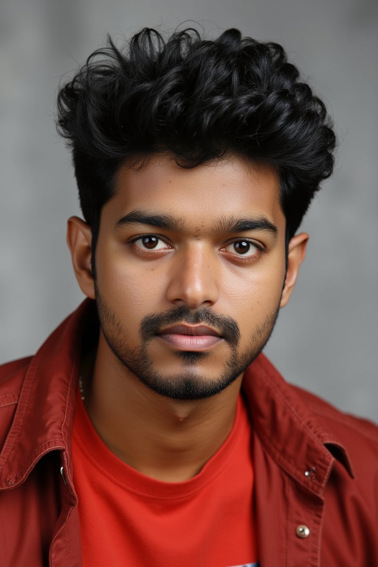 Create a hyperrealistic portrait of young vijay with an oval-shaped face and warm light brown skin tone. His hairstyle is a messy, medium-length textured quiff with black, thick hair. The hair on top is styled to spike slightly upward and outward, giving a controlled messy look, while the sides are moderately short and blend into the top without being fully faded. vijay has expressive, dark brown eyes with slightly thick, straight eyebrows that have a gentle arch, giving his gaze a strong yet soft intensity. His nose is straight with a rounded tip, fitting proportionally with the rest of his facial features.
His lips are medium-sized, with the upper lip being slightly thinner than the lower one. He sports a short, well-maintained stubble beard, focused around the jawline, chin, and upper lip, forming a neat goatee style. The facial hair is denser around the chin area, emphasizing his rounded yet prominent jawline. He is wearing a casual red jacket layered over a red t-shirt, adding to his relaxed yet stylish appearance. The background is neutral, with a simple grey texture. The man is slightly tilting his head, giving a calm yet confident expression, with his body slightly leaned forward.