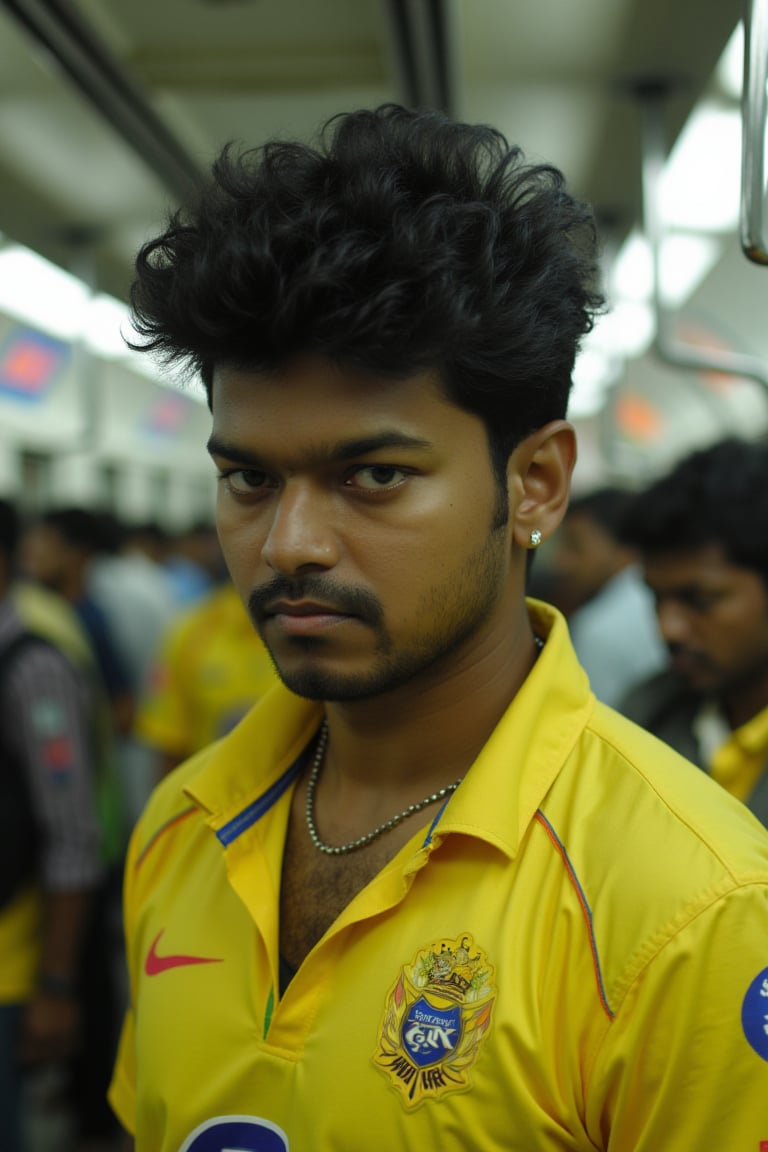 Hyperrealistic, photorealistic full-body shot of young Vijay in a semi-crowded Chennai metro station. He has medium-long, spiked, textured, wavy hair styled to one side, with a visible healed scar near his eye. Clean-shaven face sides, sharp anchor-style goatee, and a subtle earring in his left ear. Wearing a bright yellow CSK cricket jersey and a sleek chain, he sports a subtle smirk, exuding a tense and powerful presence. Train visible on the left side.