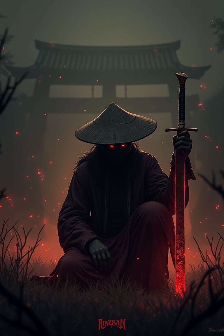 A captivating and enigmatic digital illustration features a shadowy figure, seemingly a warrior or samurai, kneeling amidst a dimly lit, foggy field. The character dons a wide-brimmed straw hat and a mysterious mask, concealing their identity. Their hand grips a magnificent sword with intricate engravings that emit a mesmerizing, fiery red aura. The background reveals a traditional, architectural structure—possibly a temple or shrine—bathed in the soft glow of floating embers or fireflies. The composition by Hans Darias exudes an eerie atmosphere, skillfully blending warm and cool tones to evoke a palpable sense of tension and expectation.