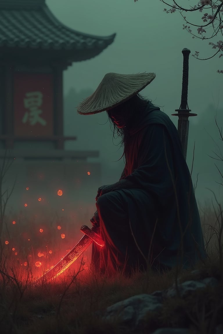 A captivating and enigmatic digital illustration features a shadowy figure, seemingly a warrior or samurai, kneeling amidst a dimly lit, foggy field. The character dons a wide-brimmed straw hat and a mysterious mask, concealing their identity. Their hand grips a magnificent sword with intricate engravings that emit a mesmerizing, fiery red aura. The background reveals a traditional, architectural structure—possibly a temple or shrine—bathed in the soft glow of floating embers or fireflies. The composition by Hans Darias exudes an eerie atmosphere, skillfully blending warm and cool tones to evoke a palpable sense of tension and expectation.