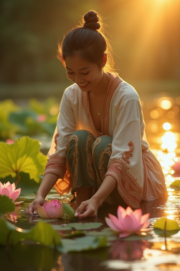 Exquisite realism. Medium shot. A Southeast Asian woman in a traditional Khmer tunic picks lotus flowers in shallow water, smiling. Close-up. Soft, dreamy light. Ripples in the water create a shimmering effect, catching surrounding lights. Golden hour colors with an warm glow, and vibrant, luminous ambiance. High dynamic range, subtle water effects, best quality. 8k resolution, incredibly detailed, masterwork, vivid colors, rich textures, serene atmosphere.