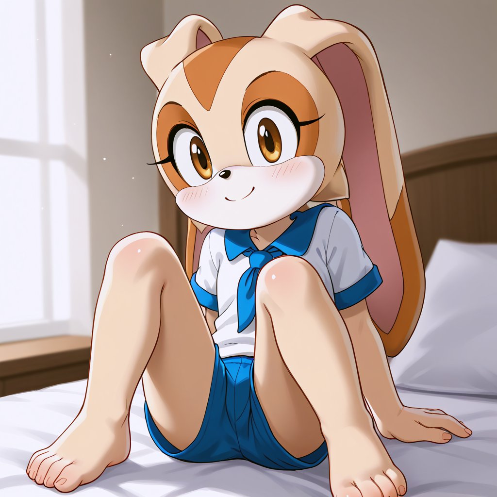 A radiant Cream The Rabbit sits on a bed in a bedroom, wearing a little shirt and shorts, with a smiling face. The scene is framed in a mid-shot with soft, natural lighting, highlighting her cute body.