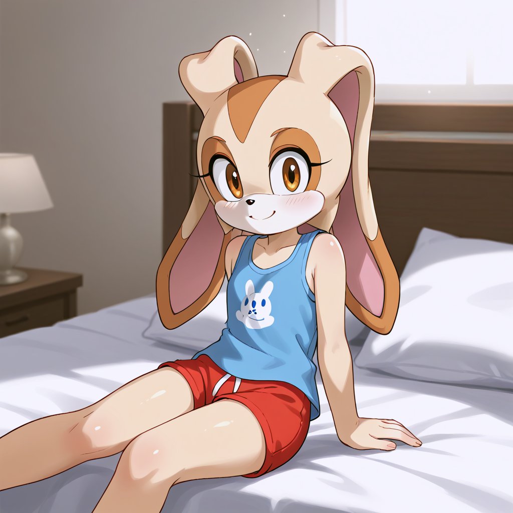 A radiant Cream The Rabbit sits on a bed in a bedroom, wearing a tiny shirt and shorts, with a smiling face. The scene is framed in a mid-shot with soft, natural lighting, highlighting her cute body.