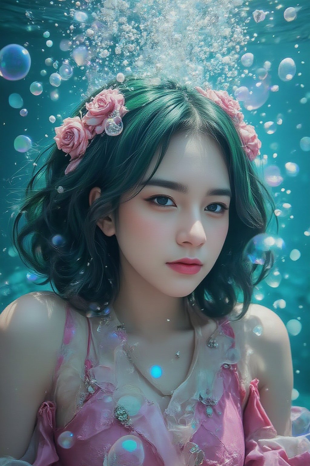 a woman with green hair is surrounded by bubbles, inspired by Yanjun Cheng, fantasy art, pop Japonisme 3d ultra-detailed, fantasy Victorian art, style hybrid mix of people, underwater face, ross-draws, stylized 3d,freya_jkt48