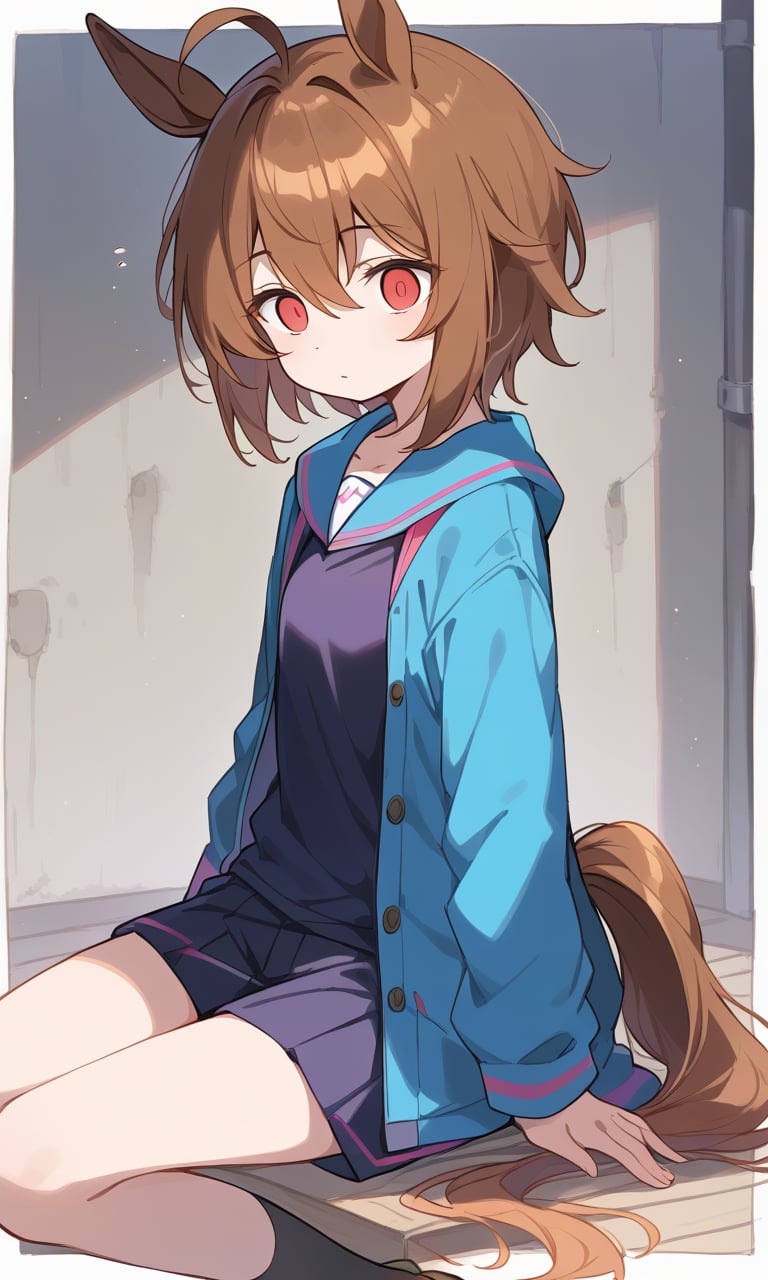 A_Tachyon, horse ears, horse tail, short hair, bangs, brown hair, ahoge, red eyes, hair between eyes, empty eyes,