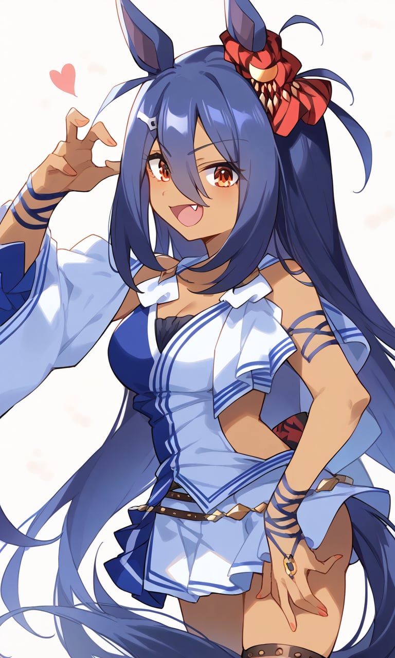 Hishiama, blue hair, very long hair, bangs, hair between eyes, red eyes, dark skin, dark-skinned female, horse ears, horse tail, fang,